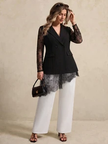 Elegantrix Women's Plus Size Spring/Autumn 1pc Lace Sheer Patchwork Sleeve Double-Breasted Blazer, Waist-Defining Slimming Mid-Length Blazer Dress, Mature Spicy Style For Date And Commute - Black - View 5