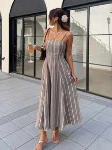 SHEIN Frenchy 女款條紋休閒派對與旅行中長細肩帶洋裝 - 咖啡棕 - 查看 6