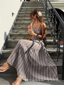 SHEIN Frenchy 女款條紋休閒派對與旅行中長細肩帶洋裝 - 咖啡棕 - 查看 4
