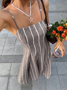 SHEIN Frenchy 女款條紋休閒派對與旅行中長細肩帶洋裝 - 咖啡棕 - 查看 3
