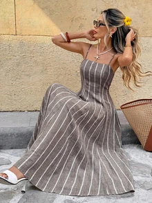 SHEIN Frenchy 女款條紋休閒派對與旅行中長細肩帶洋裝 - 咖啡棕 - 查看 1
