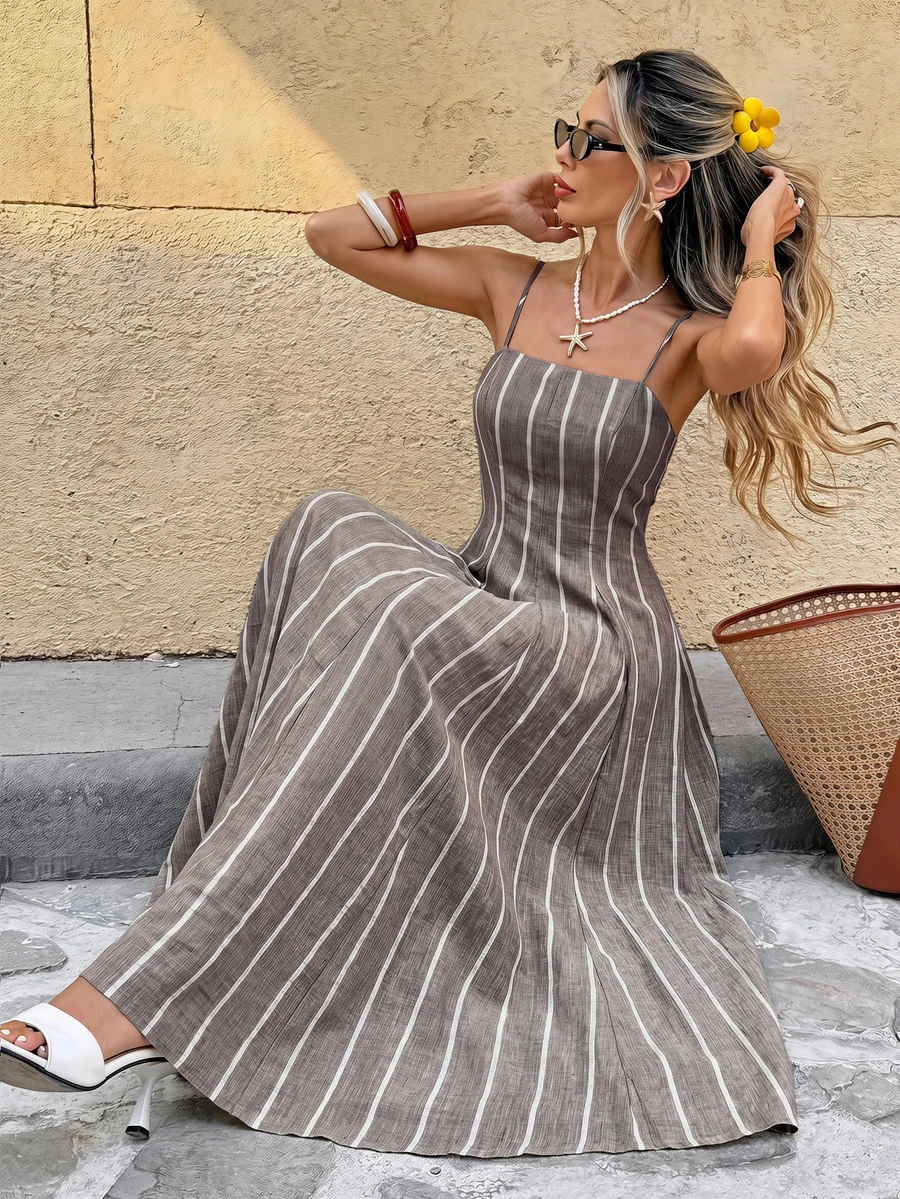SHEIN Frenchy 女款條紋休閒派對與旅行中長細肩帶洋裝 - 咖啡棕 - 查看 1