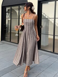 SHEIN Frenchy 女款條紋休閒派對與旅行中長細肩帶洋裝 - 咖啡棕 - 查看 7
