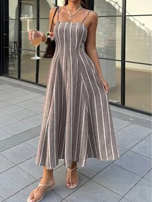 SHEIN Frenchy 女款條紋休閒派對與旅行中長細肩帶洋裝 - 咖啡棕 - 查看 5