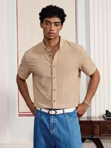 SWAVVY Men's Casual Stand Collar Long Sleeve Woven Shirt Tan Men Shirt Beige Men Shirt Light Brown Shirt Men Apricot Men Shirt Nude Shirt For Men - Camel - View 1