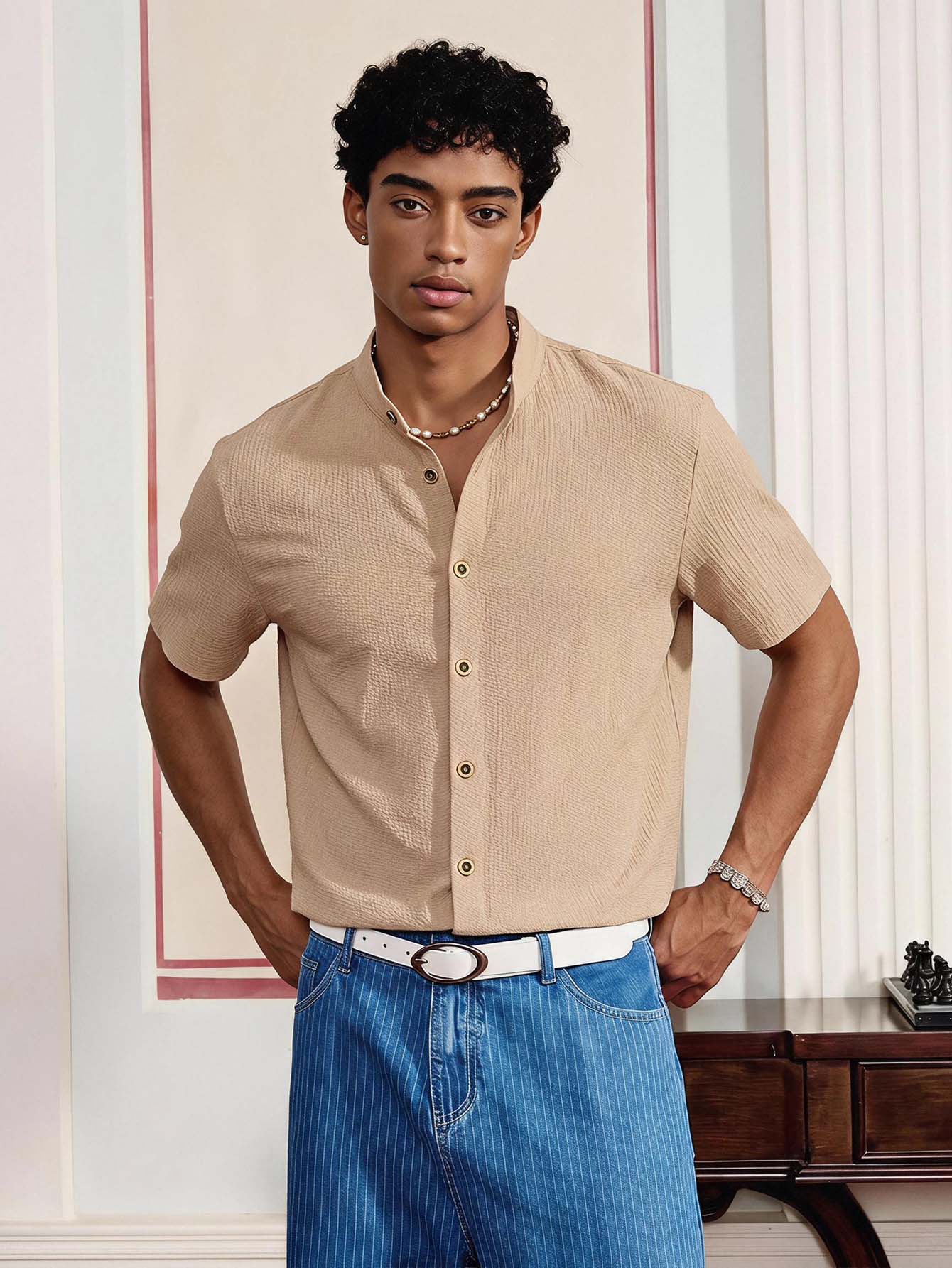 SWAVVY Men's Casual Stand Collar Long Sleeve Woven Shirt Tan Men Shirt Beige Men Shirt Light Brown Shirt Men Apricot Men Shirt Nude Shirt For Men - Camel - View 1