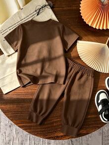 2pcs Young Boys T-Shirt And Pants Set Casual Minimalist Brown Beige Geometric Horse Print Oversized Short Sleeve Back To School Vacation Summer - Multicolor - View 4