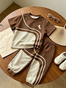 2pcs Young Boys T-Shirt And Pants Set Casual Minimalist Brown Beige Geometric Horse Print Oversized Short Sleeve Back To School Vacation Summer - Multicolor - View 2