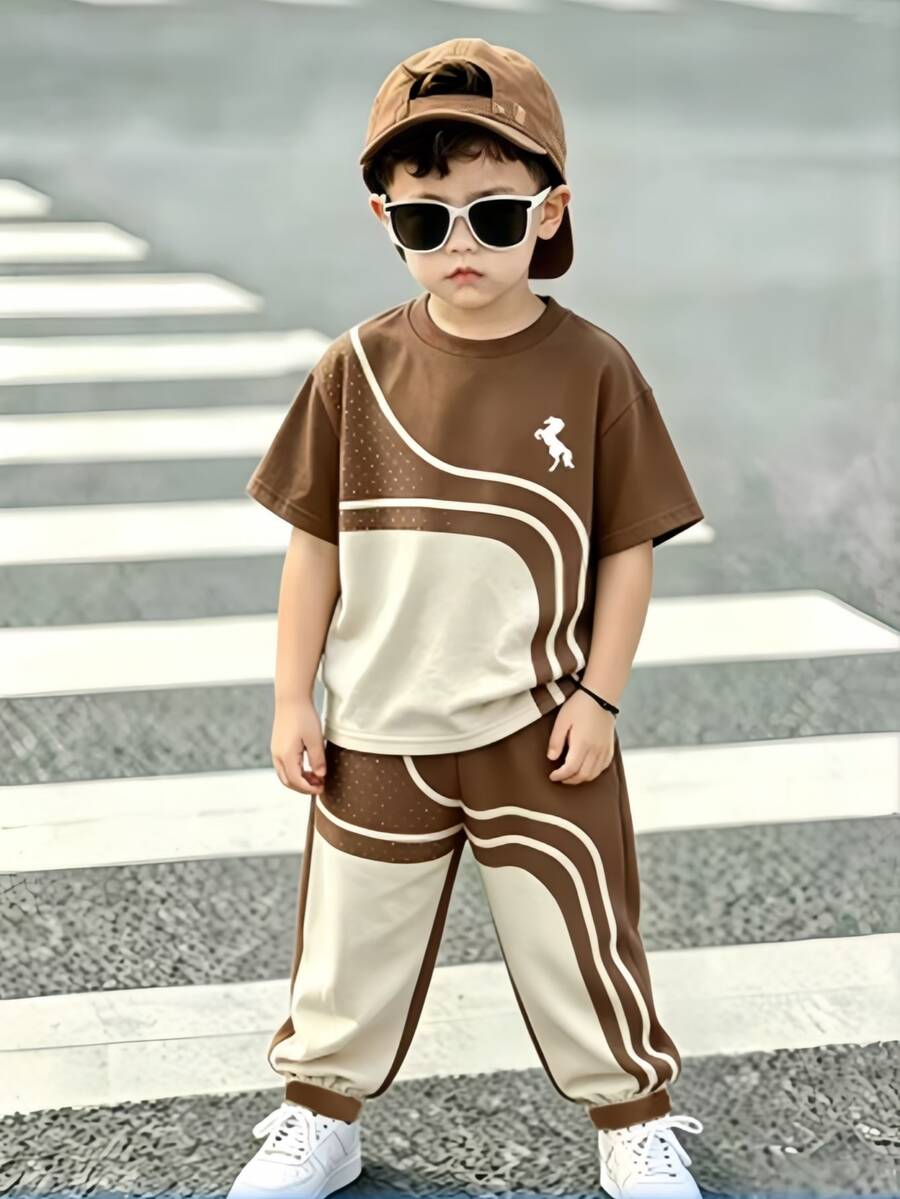 2pcs Young Boys T-Shirt And Pants Set Casual Minimalist Brown Beige Geometric Horse Print Oversized Short Sleeve Back To School Vacation Summer - Multicolor - View 1