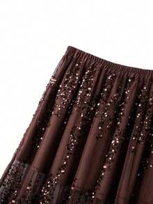 SHEIN Clasi 2pcs Plus Size Women Pleated Sequin Waist Suit & Skirt Set, Party & Banquet Outfit Fall/Winter - Brown - View 7