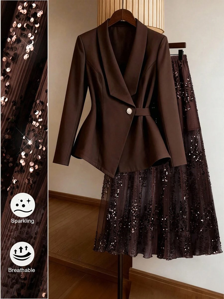 SHEIN Clasi 2pcs Plus Size Women Pleated Sequin Waist Suit & Skirt Set, Party & Banquet Outfit Fall/Winter - Brown - View 1