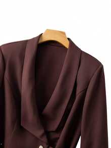 SHEIN Clasi 2pcs Plus Size Women Pleated Sequin Waist Suit & Skirt Set, Party & Banquet Outfit Fall/Winter - Brown - View 3