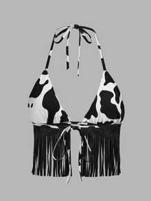 SHEIN ICON 奶牛印花吊頸上衣,流蘇邊設計 - 黑與白 - 查看 6