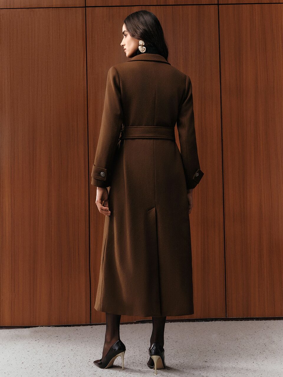 Women's Elegant Double-Breasted Belted Lapel Long Overcoat,Coffee Brown,Winter,Office,Formal Wedding Party Chic New Year Christmas Work Graduation