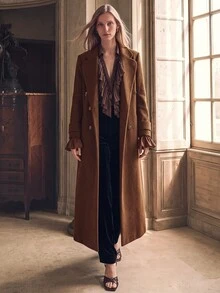 Anewsta 女士优雅双排扣系带翻领长款大衣，棕色，适合秋季、冬季、外出、正式场合、派对、时尚、新年、圣诞节、工作、毕业典礼、婚礼等场合。 - 棕色 - 查看 8