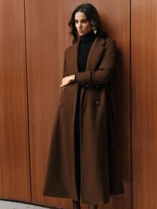 Anewsta 女士优雅双排扣系带翻领长款大衣，棕色，适合秋季、冬季、外出、正式场合、派对、时尚、新年、圣诞节、工作、毕业典礼、婚礼等场合。 - 棕色 - 查看 5