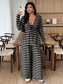 Weeklong Plus Size Casual Commuter Striped Top And Pants 2 Pieces Set Fall - Black and White - View 3