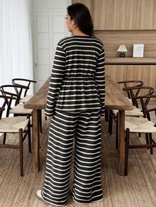 Weeklong Plus Size Casual Commuter Striped Top And Pants 2 Pieces Set Fall - Black and White - View 2