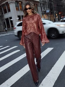 Anewsta Fashionable Gradient Gold Foil Flare Sleeve Cropped Sweater - Burgundy - View 3