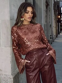 Anewsta Fashionable Gradient Gold Foil Flare Sleeve Cropped Sweater - Burgundy - View 4
