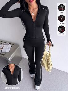 SHEIN Dewbera 2件組女款秋冬運動套裝 黑色緊身網紅風上衣 全開襟立領長袖附手指孔 肩部四針六線拼接對比色條款 女款運動夾克搭配中腰側邊平貼拼接雙鬆緊羅紋喇叭褲口運動長褲 適合日常休閒、時尚百搭、跑步、瑜珈 - 黑色 - 查看 8