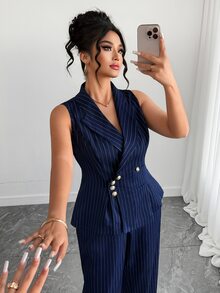 Elenzga 大码女式通勤休闲条纹背心和裤子两件套 - 藏蓝色 - 查看 6