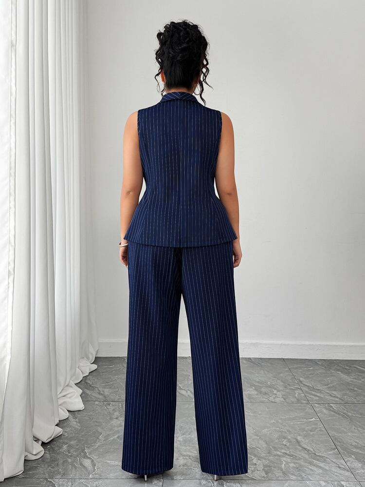 Elenzga Women Navy Blue Striped Pinstripe Suit Plus Size Co-Ord,Sleeveless Lapel Blouse&Long Wide Leg Pants Set,Autumn Casual Business Office Ensemble,Woven - Navy Blue - View 2