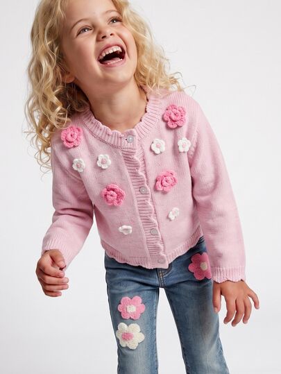 PrepCrw 1 Pc Young Girl Young Girl Cute Casual Exquisite Comfortable Pink Knitted Pink & White 3D Flower Decor Pink Long Sleeve Cardigan, Suitable For Back To School, Outings, Casual Activities, Gatherings, Autumn, Winter