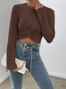 SHEIN 女士纯色圆领扭腰短款毛衣，秋冬款 - 棕色 - 查看 3