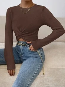 SHEIN 女士纯色圆领扭腰短款毛衣，秋冬款 - 棕色 - 查看 8