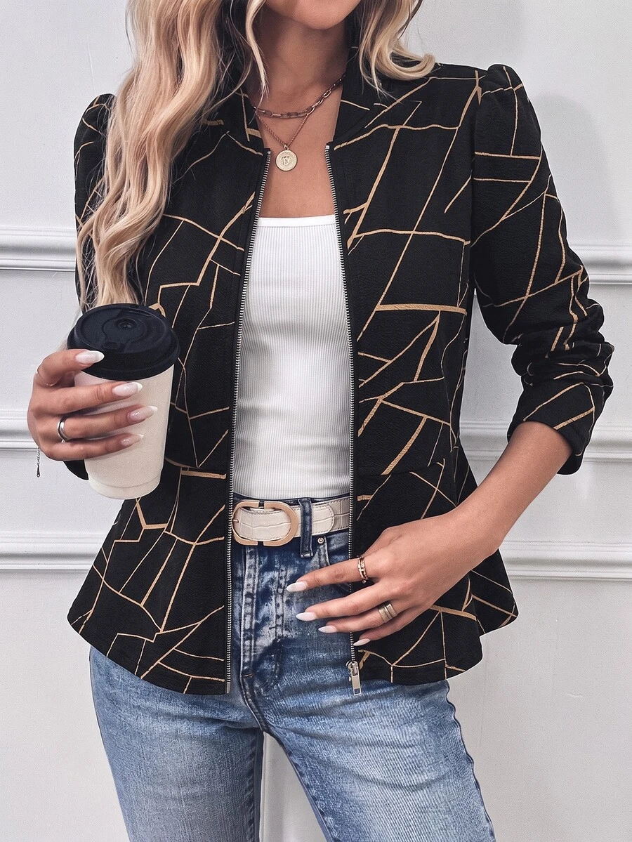 SHEIN Clasi Cardigan Rajut Wanita Kasual Bisnis Elegan dan Rapi untuk Komuter, Motif Geometris Asimetris, Warna Hitam, Musim Gugur - Hitam - View 1