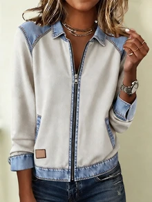 SHEIN جاكيت قصير نسائي كاجوال فضفاض بتأثير الدنيم المحبوك بطراز فينتاج، بياقة وطباعة سحاب وأكمام راجلان، كارديجان متعدد الاستخدامات - أبيض - مشاهدة 4