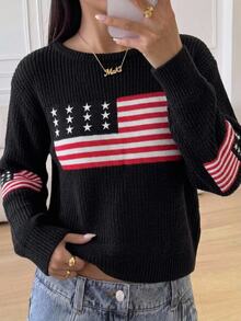 SHEIN Girls' (Big) Long Sleeve Crew Neck Pullover Sweater With American Flag Jacquard Pattern, Navy Blue, Suitable For School Wear, Spring, Autumn, Winter, Pairs With Cotton Jacket And Jeans - Navy Blue - View 1
