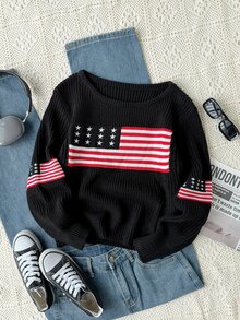 SHEIN Girls' (Big) Long Sleeve Crew Neck Pullover Sweater With American Flag Jacquard Pattern, Navy Blue, Suitable For School Wear, Spring, Autumn, Winter, Pairs With Cotton Jacket And Jeans - Navy Blue - View 9