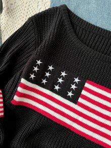 SHEIN Girls' (Big) Long Sleeve Crew Neck Pullover Sweater With American Flag Jacquard Pattern, Navy Blue, Suitable For School Wear, Spring, Autumn, Winter, Pairs With Cotton Jacket And Jeans - Navy Blue - View 5
