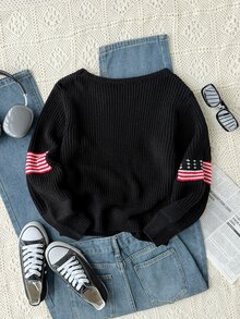 SHEIN Girls' (Big) Long Sleeve Crew Neck Pullover Sweater With American Flag Jacquard Pattern, Navy Blue, Suitable For School Wear, Spring, Autumn, Winter, Pairs With Cotton Jacket And Jeans - Navy Blue - View 2
