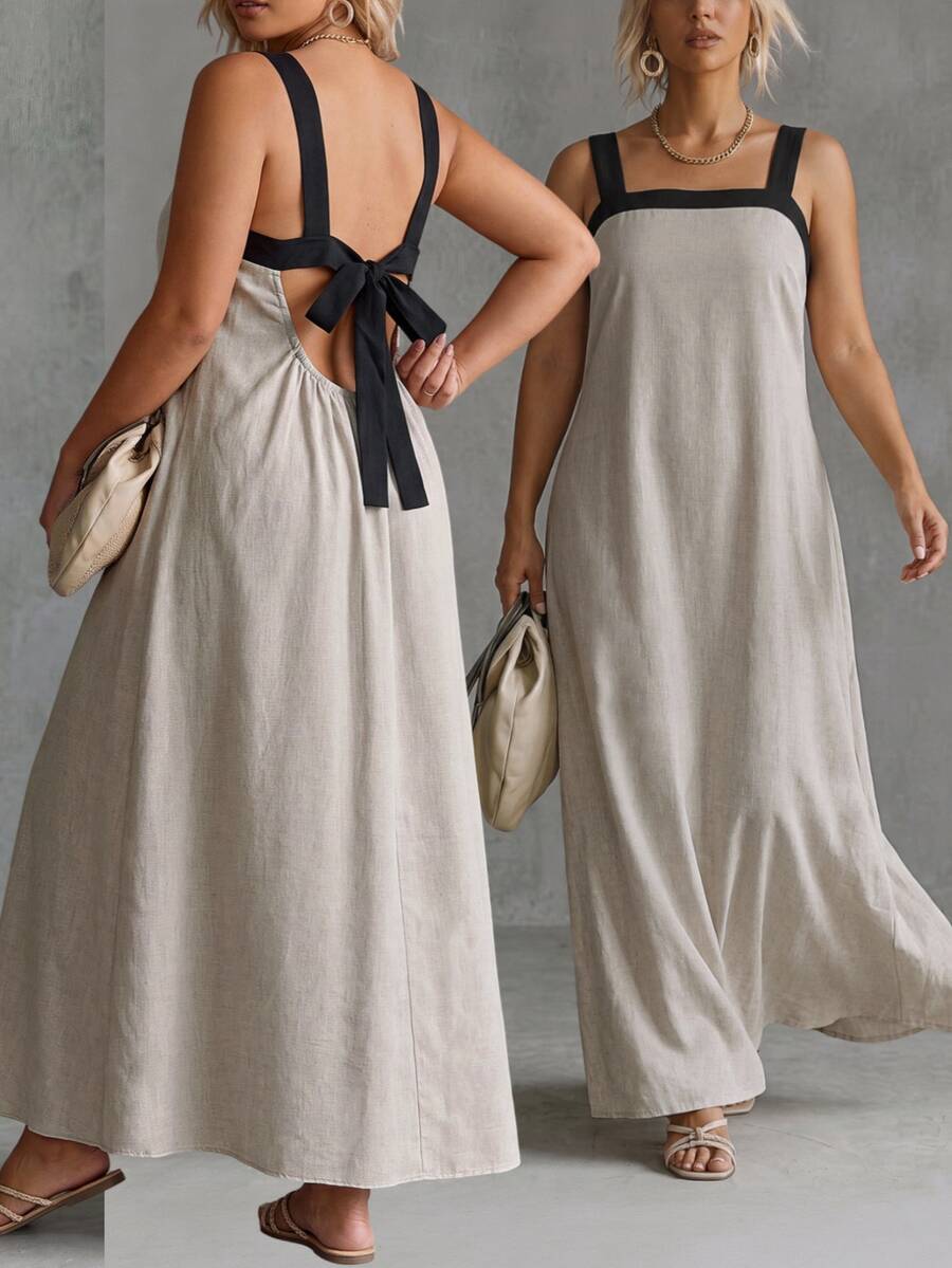 Ceyna Vestido largo de verano para mujer talla grande, estilo vacaciones, color contrastante, tirantes finos, espalda descubierta, lazo, combinado con cinturón ancho, diseño frontal sencillo, negro - Multicolor - Ver 1
