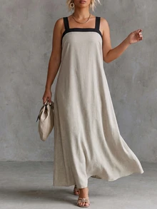 Ceyna Vestido largo de verano para mujer talla grande, estilo vacaciones, color contrastante, tirantes finos, espalda descubierta, lazo, combinado con cinturón ancho, diseño frontal sencillo, negro - Multicolor - Ver 4