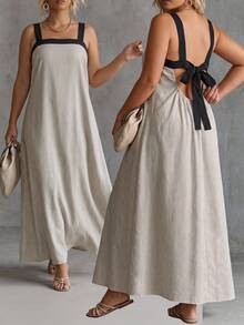 Ceyna Vestido largo de verano para mujer talla grande, estilo vacaciones, color contrastante, tirantes finos, espalda descubierta, lazo, combinado con cinturón ancho, diseño frontal sencillo, negro - Multicolor - Ver 5