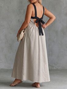 Ceyna Vestido largo de verano para mujer talla grande, estilo vacaciones, color contrastante, tirantes finos, espalda descubierta, lazo, combinado con cinturón ancho, diseño frontal sencillo, negro - Multicolor - Ver 3