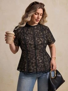 Elegantrix 大码女式上衣/衬衫，精致优雅，适合宴会、派对、通勤和约会，提花面料，修身剪裁，A字版型，蕾丝边饰。 - 黑色 - 查看 3