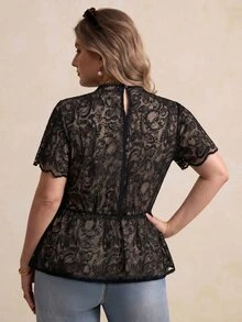 Elegantrix 大码女式上衣/衬衫，精致优雅，适合宴会、派对、通勤和约会，提花面料，修身剪裁，A字版型，蕾丝边饰。 - 黑色 - 查看 2