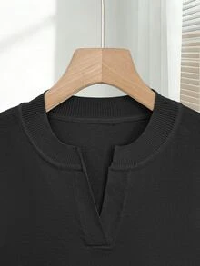 SHEIN 女款休閒日常通勤百搭缺口V領標準肩短袖純色修身針織上衣，休閒度假穿搭，春秋款 - 黑色 - 查看 5