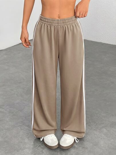 SHEIN PETITE Casual Side Striped Elastic Waist Trousers ,Petite Women