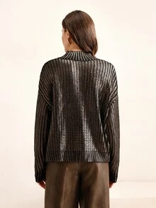 Anewsta High-End French Style Gold Foil Embellished Crew Neck Sweater Knit Pullover Fall Winter Sweater - Gold - View 8