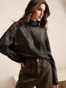 Anewsta High-End French Style Gold Foil Embellished Crew Neck Sweater Knit Pullover Fall Winter Sweater - Gold - View 5