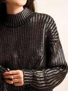 Anewsta High-End French Style Gold Foil Embellished Crew Neck Sweater Knit Pullover Fall Winter Sweater - Gold - View 2