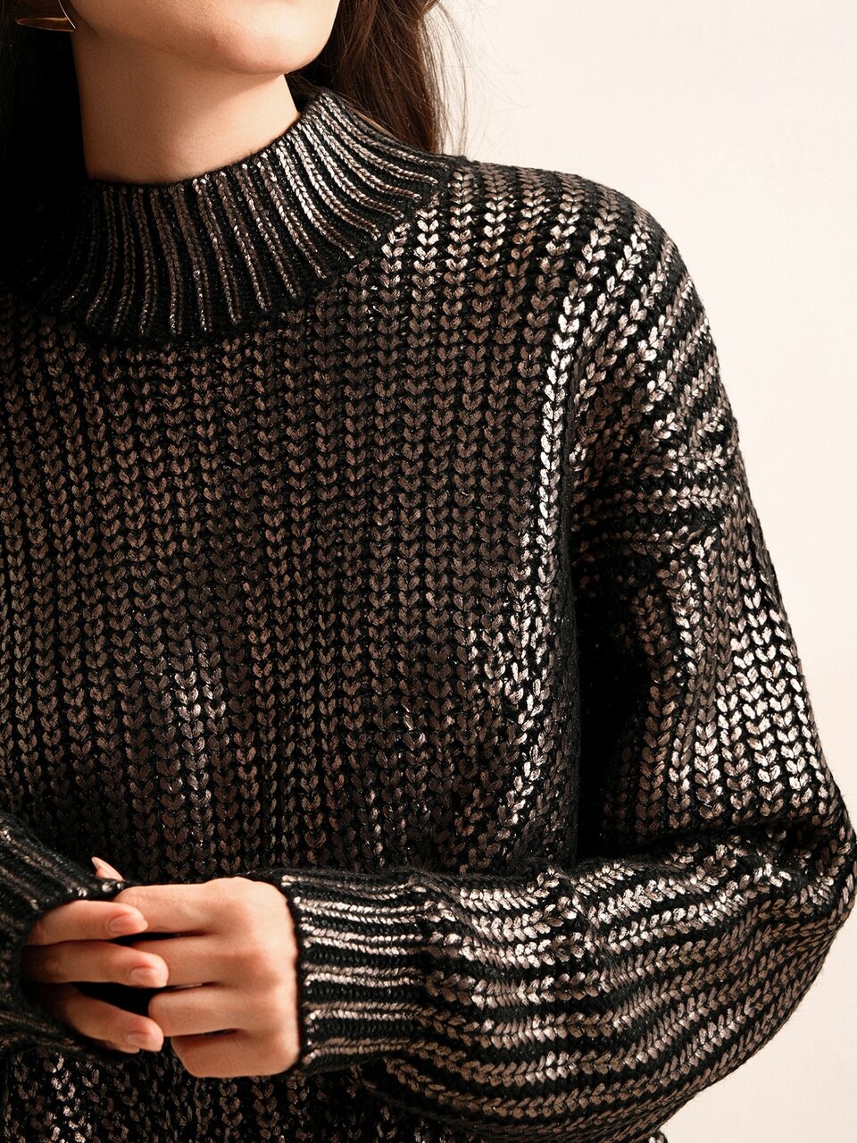 Anewsta Casual Gold Knitwear Pullover Dropped Shoulder High Neck Three Quarter Length Sleeve Crop Sweater For Women
