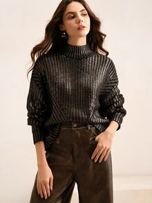 Anewsta High-End French Style Gold Foil Embellished Crew Neck Sweater Knit Pullover Fall Winter Sweater - Gold - View 3