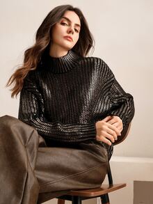 Anewsta High-End French Style Gold Foil Embellished Crew Neck Sweater Knit Pullover Fall Winter Sweater - Gold - View 6